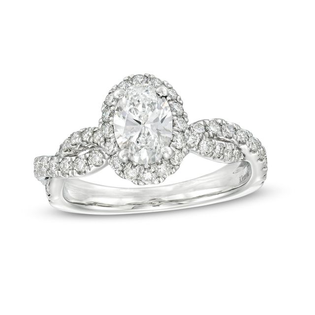 KleinfeldÂ® x Zales 1-3/4 CT. T.w. Certified Oval Lab-Created Diamond Frame Twist Engagement Ring in Platinum (F/Vs2)