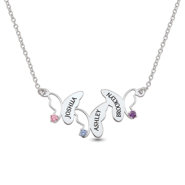 Mother's Gemstone Engravable Triple Butterfly Necklace (3 Stones and Names)