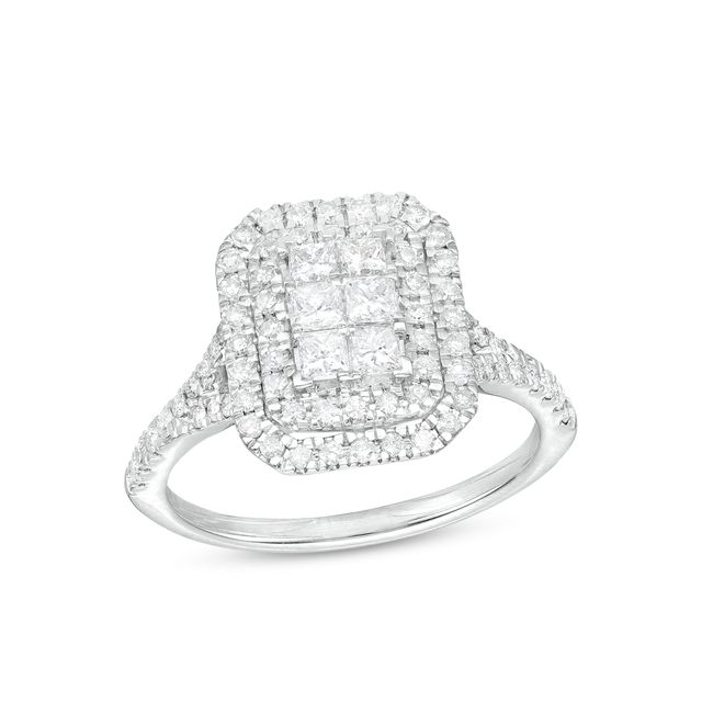 1 CT. T.w. Emerald-Shaped Multi-Diamond Double Frame Split Shank Ring in 10K White Gold