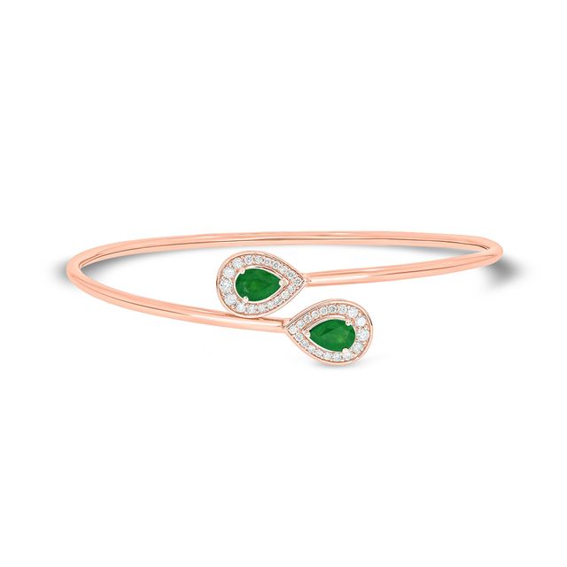 Pear-Shaped Lab-Created Emerald and 1/3 CT. T.w. Diamond Frame Flexible Bangle in Sterling Silver with 14K Rose Gold Plate