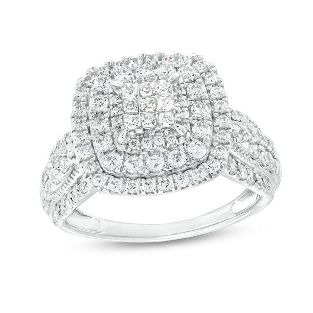 1 CT. T.w. Princess-Cut Multi-Diamond Double Cushion Frame Vintage-Style Engagement Ring in 10K White Gold (J/I3)