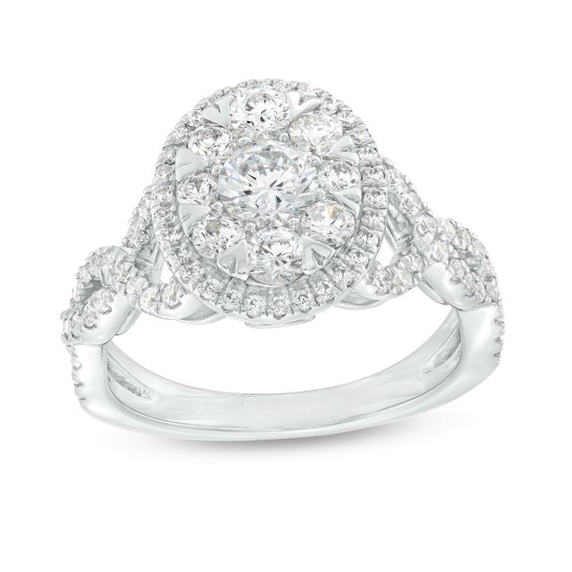 1-1/2 CT. T.w. Oval-Shaped Multi-Diamond Frame Twist Shank Engagement Ring in 14K White Gold (I/I2)