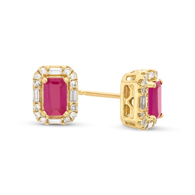 Emerald-Cut Ruby and 1/6 CT. T.w. Diamond Frame Stud Earrings in 10K Gold