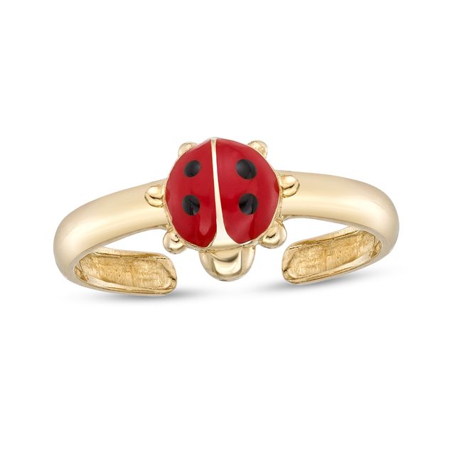 Red and Black Enamel Ladybug Adjustable Toe Ring in 14K Gold