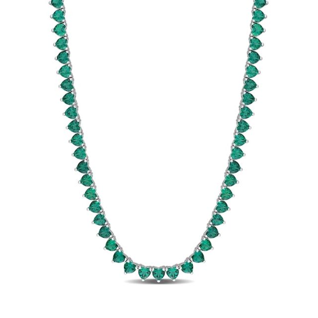 4.0mm Heart-Shaped Lab-Created Emerald Tennis Necklace in Sterling Silver