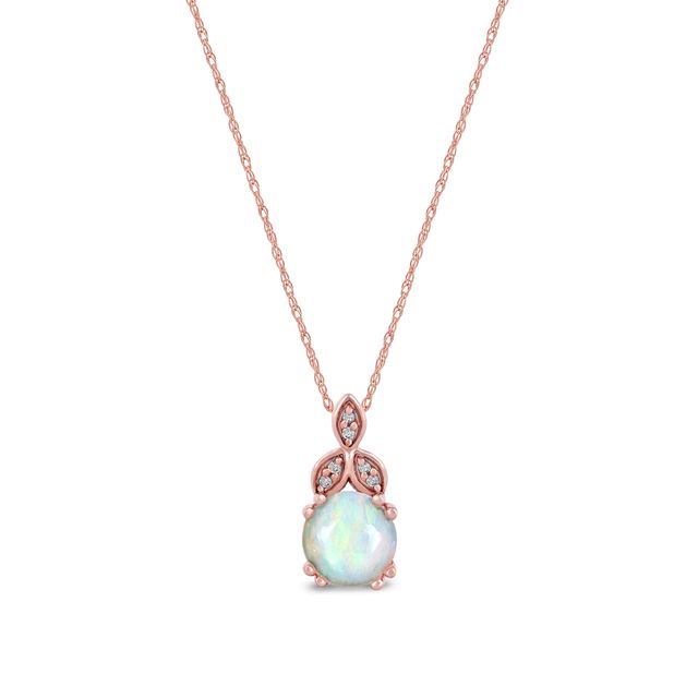 6.0mm Opal and Diamond Accent Leaf-Top Trio Pendant in 10K Rose Gold