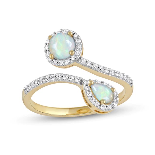 Pear-Shaped and Round Opal with 1/4 CT. T.w. Diamond Frame Toi et Moi Bypass Wrap Ring in 10K Gold