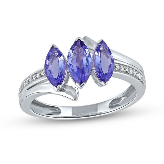 Marquise Tanzanite and 1/20 CT. T.w. Diamond Three Stone Bypass Ring in 10K White Gold