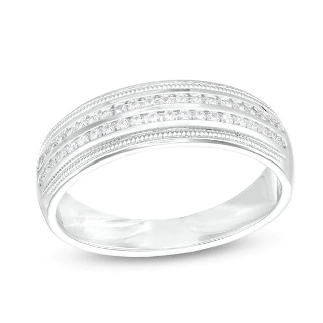 1/3 CT. T.w. Diamond Beaded Double Row Vintage-Style Wedding Band in 10K White Gold