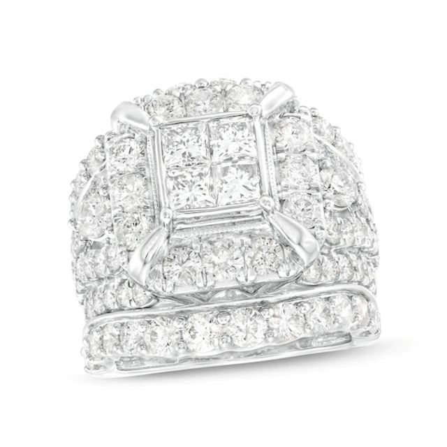 5 CT. T.w. Quad Princess-Cut Diamond Frame Multi-Row Three Piece Bridal Set in 14K White Gold