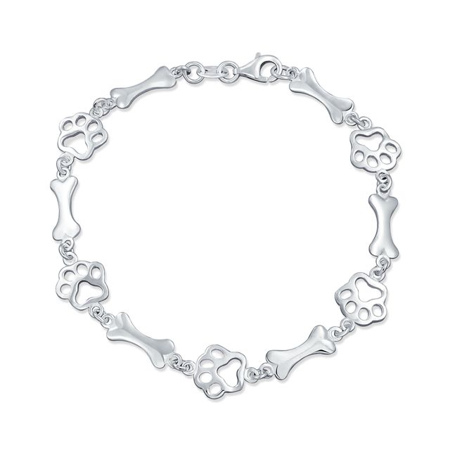 Dog Bone and Paw Print Alternating Bracelet in Sterling Silver - 7.5"