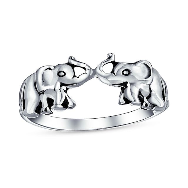 Oxidized Two Elephants Ring Sterling Silver