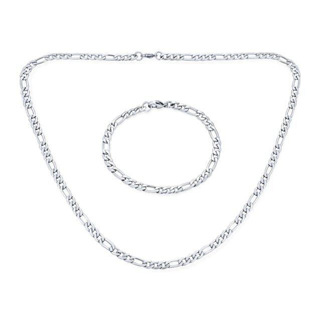 Men's 5.0mm Oxidized Figaro Chain Necklace and Bracelet Set in Solid Stainless Steel - 22"