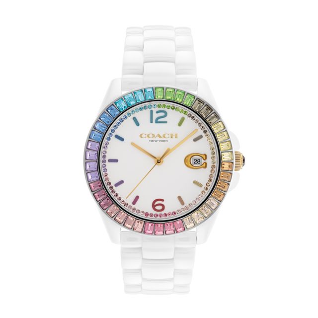Ladies' Coach Greyson Multi-Color Crystal Accent Rainbow Bezel White Ceramic Watch with White Dial (Model: 14504019)
