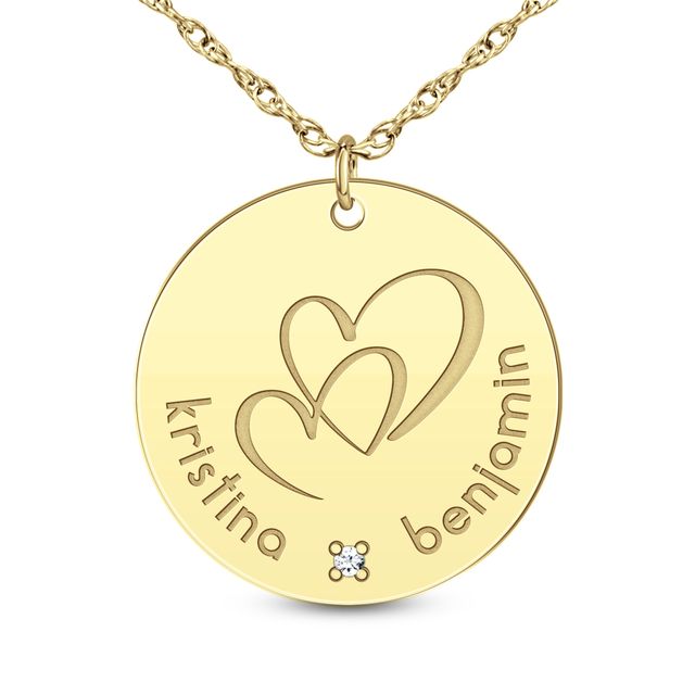 Couple's Diamond Accent Engravable Double Heart Disc Pendant (2 Lines)