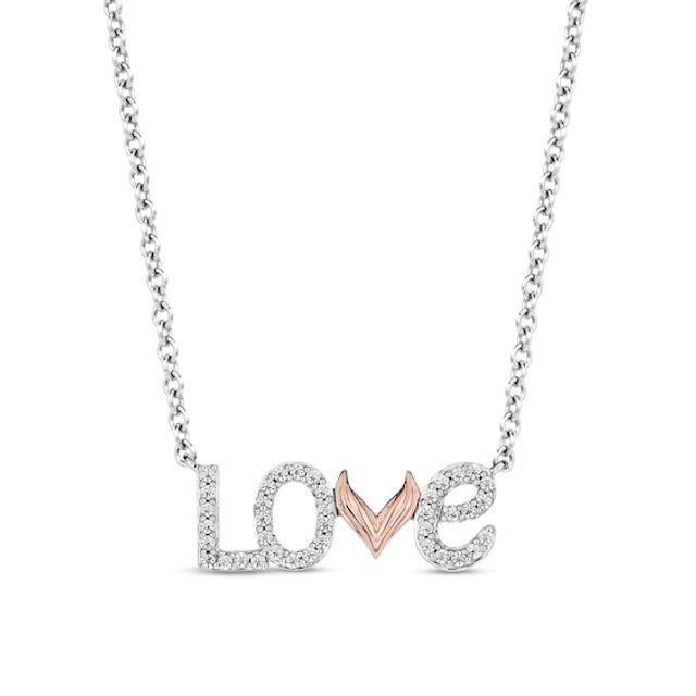 Enchanted Disney Ariel 1/6 CT. T.w. Diamond and Mermaid Tail "Love" Necklace in Sterling Silver and 10K Rose Gold