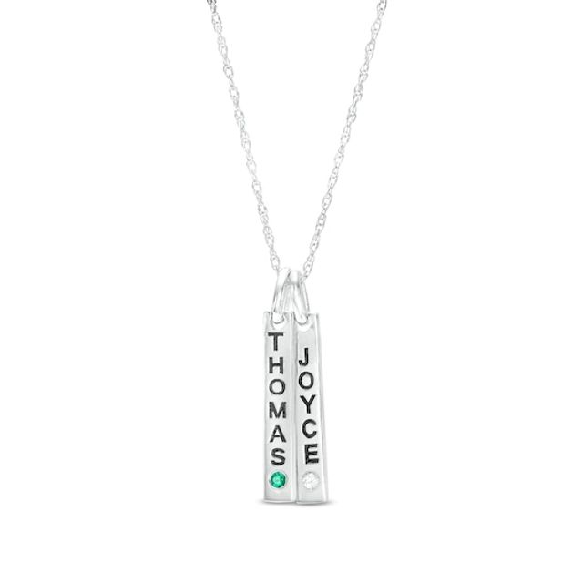 Couple's Simulated Gemstone Engravable Vertical Bar Charms Pendant in Sterling Silver (2 Stones and 2 Lines)