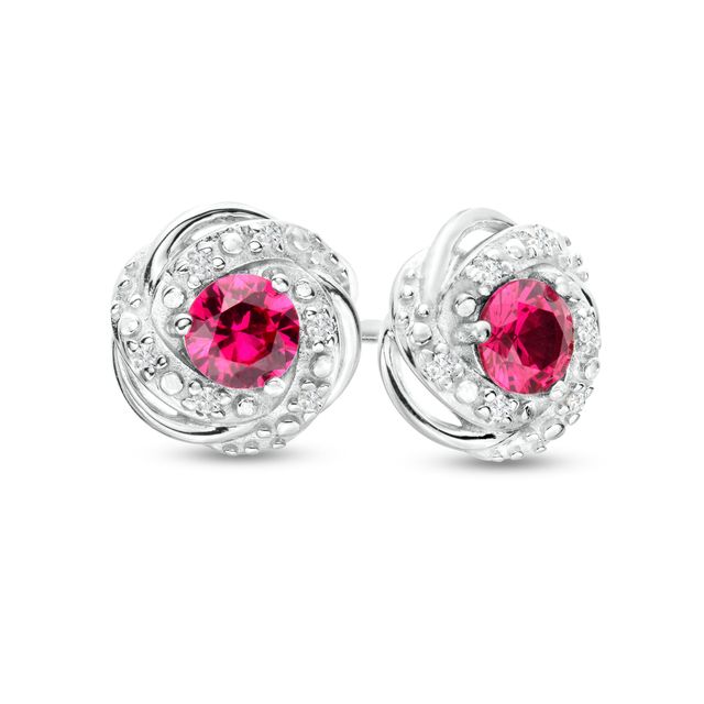 4.0mm Lab-Created Ruby and 1/20 CT. T.w. Diamond Frame Love Knot Stud Earrings in Sterling Silver