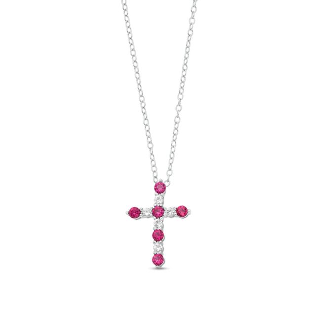 Lab-Created Ruby and White Lab-Created Sapphire Cross Pendant in Sterling Silver
