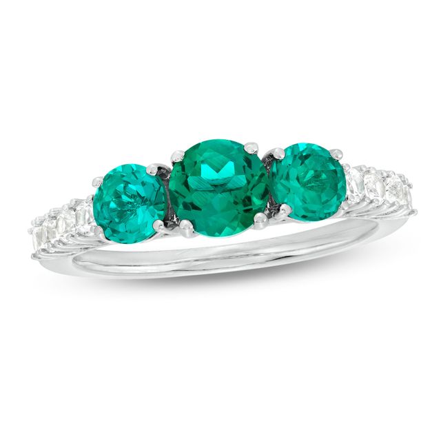 5.5mm Lab-Created Emerald and White Lab-Created Sapphire Three Stone Ring in Sterling Silver