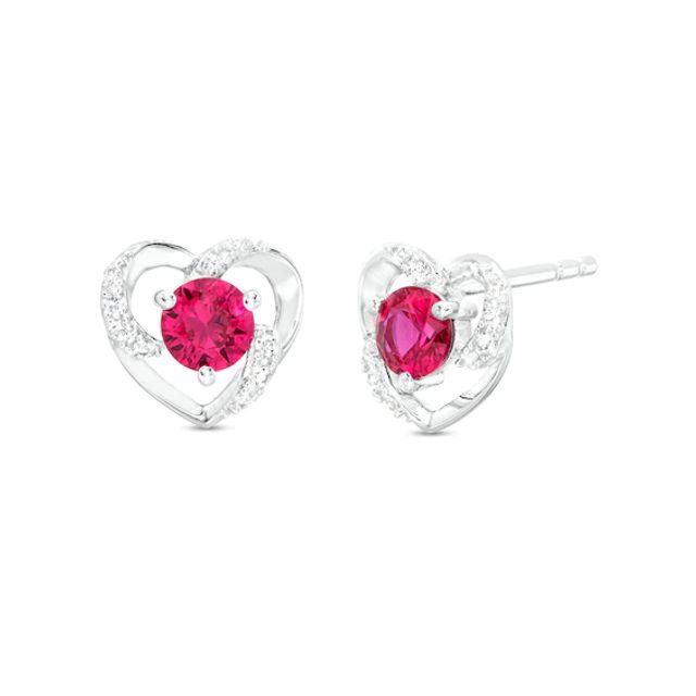 4.0mm Lab-Created Ruby and White Lab-Created Sapphire Swirl Frame Heart Stud Earrings in Sterling Silver