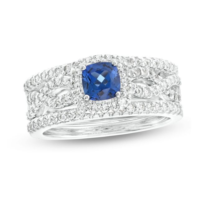 5.0mm Cushion-Cut Blue and White Lab-Created Sapphire Frame Twist Shank Three Piece Bridal Set in Sterling Silver