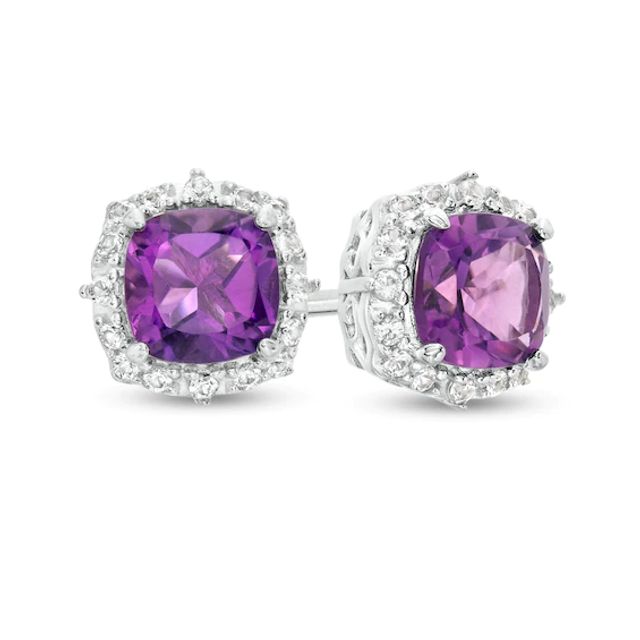 5.0mm Cushion-Cut Amethyst and White Lab-Created Sapphire Frame Stud Earrings in Sterling Silver