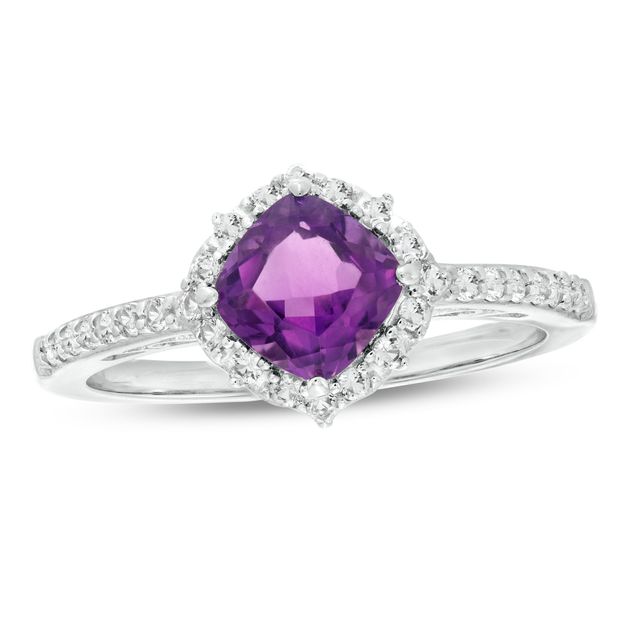 6.0mm Cushion-Cut Faceted Amethyst and White Lab-Created Sapphire Frame Tilted Ring in Sterling Silver