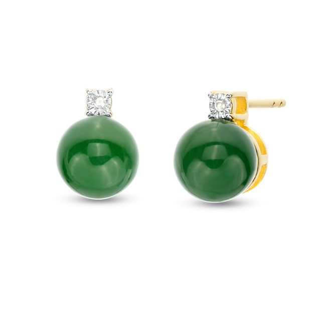 7.5-8.0mm Jade and Diamond Accent Stud Earrings in Sterling Silver with 18K Gold Plate