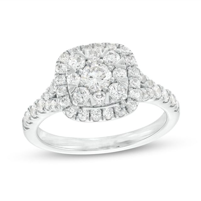 1 CT. T.w. Cushion-Shaped Multi-Diamond Frame Split Shank Engagement Ring in 14K White Gold