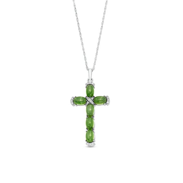 Oval Jade and White Lab-Created Sapphire "X" Cross Pendant in Sterling Silver