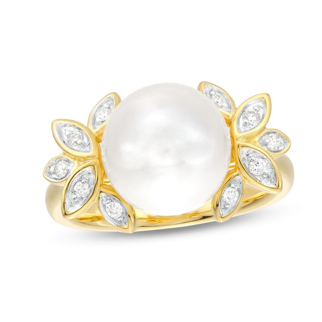 10.0-11.0mm Freshwater Cultured Pearl and 1/10 CT. T.w. Diamond Leaf-Sides Ring Sterling Silver with 18K Gold Plate