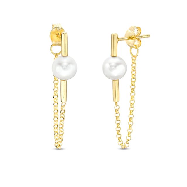 6.5-7.0mm Cultured Freshwater Pearl Rolo Chain Front/Back Earrings in Sterling Silver with 18K Gold Plate