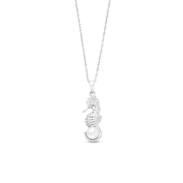 5.5-6.0mm Freshwater Cultured Pearl and White Lab-Created Sapphire Seahorse Pendant in Sterling Silver