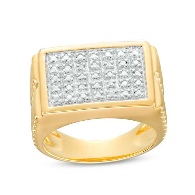 Men's Diamond Accent Beaded Rectangle-Top Five Row Ribbed Shank Ring in Sterling Silver with 18K Gold Plate