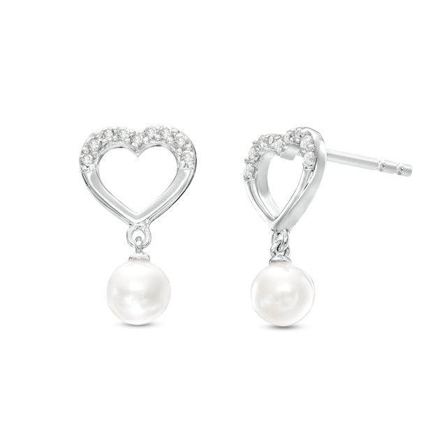 4.5-5.0mm Cultured Freshwater Pearl and 1/10 CT. T.w. Diamond Heart Drop Earrings in Sterling Silver