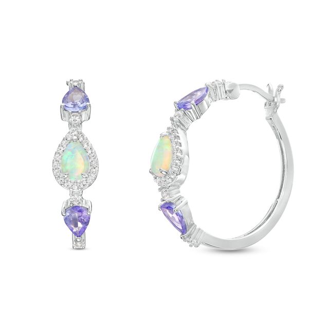 Pear-Shaped Tanzanite, Lab-Created Opal, and White Lab-Created Sapphire Frame Hoop Earrings in Sterling Silver