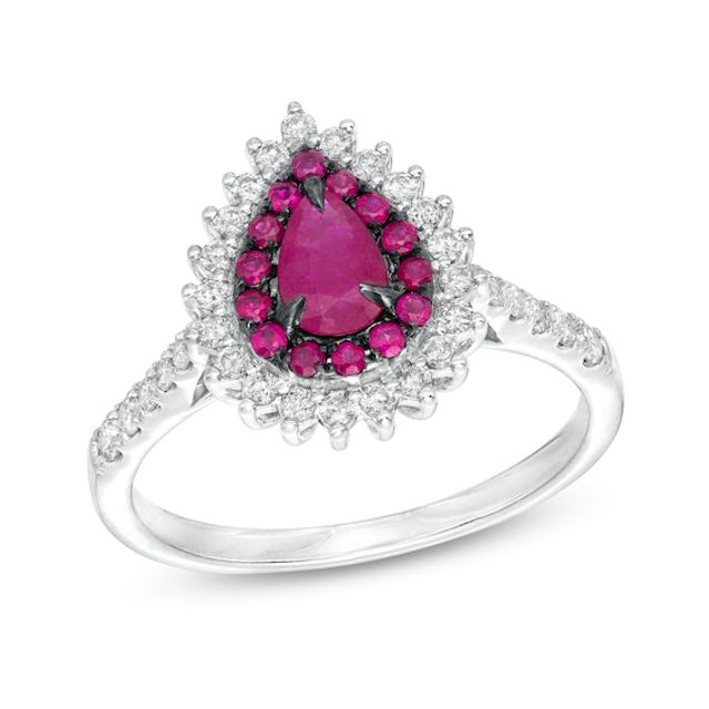 Pear-Shaped Ruby and 1/3 CT. T.w. Diamond Double Shadow Frame Ring in 10K White Gold