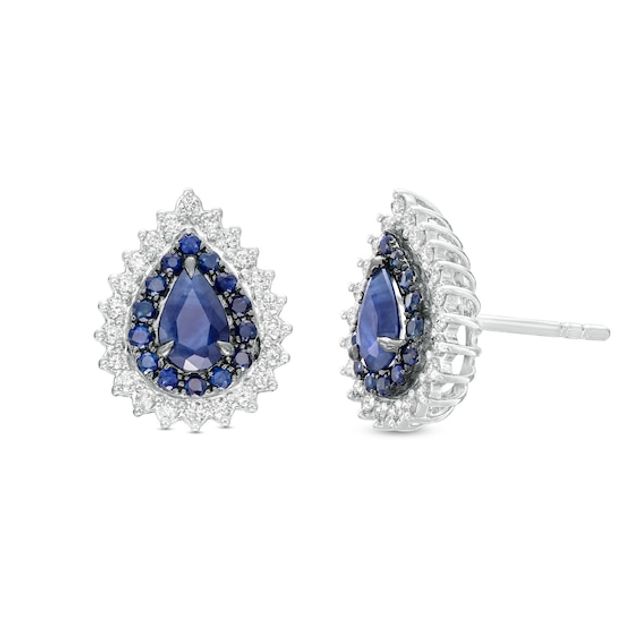 Pear-Shaped Blue Sapphire and 1/3 CT. T.w. Diamond Double Shadow Frame Stud Earrings in 10K White Gold