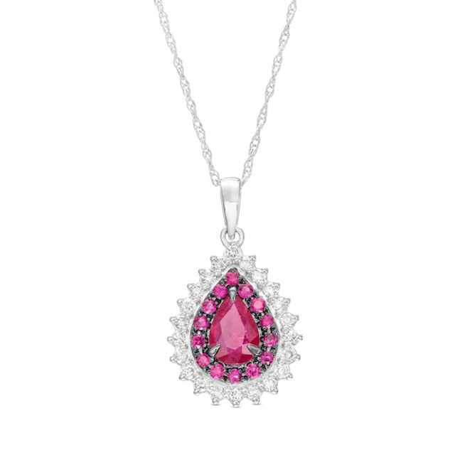 Pear-Shaped Ruby and 1/5 CT. T.w. Diamond Double Shadow Frame Drop Pendant in 10K White Gold