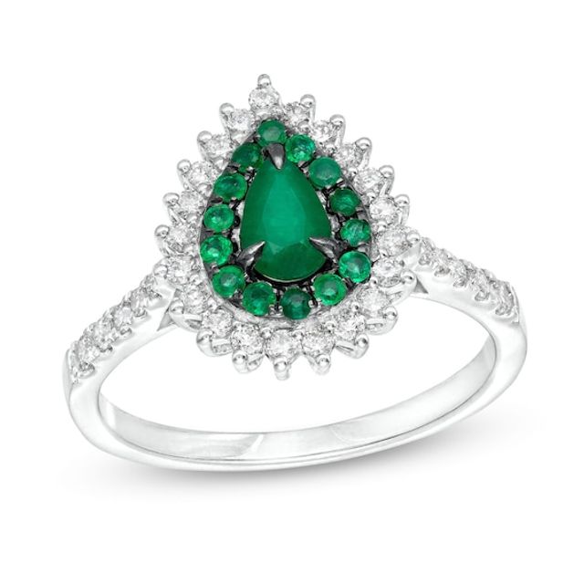 Pear-Shaped Emerald and 1/3 CT. T.w. Diamond Double Shadow Frame Ring in 10K White Gold