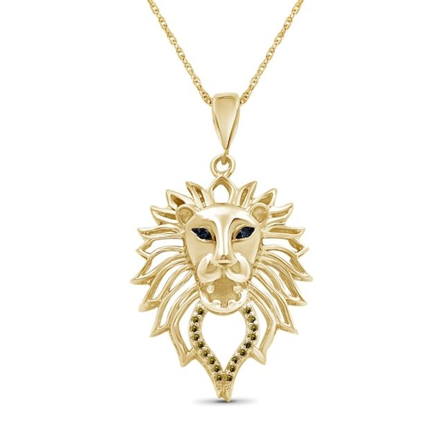 1/20 CT. T.w. Blue and Yellow Diamond Lion Head Outline Drop Pendant in Sterling Silver with 14K Gold Plate