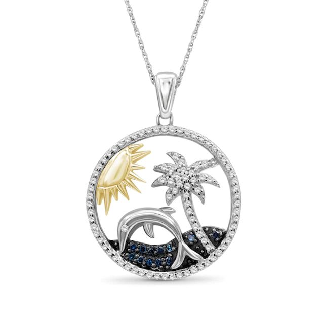 1/3 CT. T.w. Blue and White Diamond Frame Beach Day Pendant in Sterling Silver with 14K Gold Plate and Black Rhodium