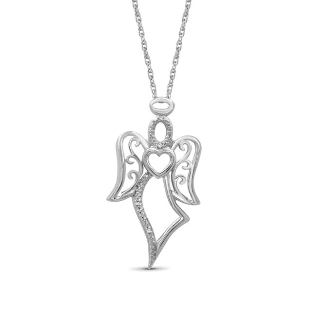 Diamond Accent Beaded Heart and Filigree Angel Outline Pendant in Sterling Silver
