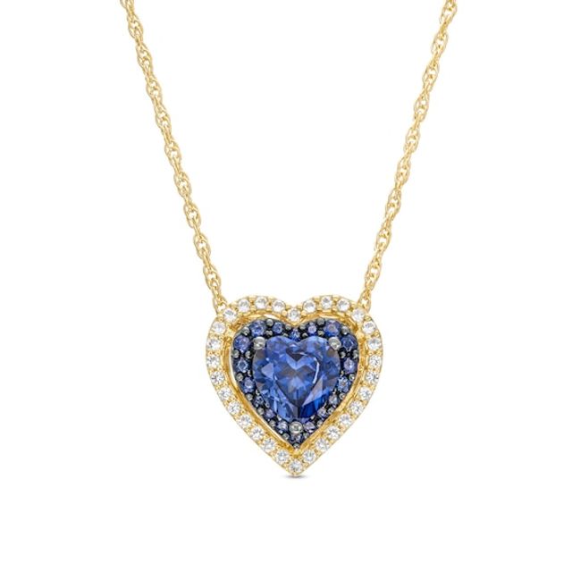 6.0mm Ceylon Blue and White Lab-Created Sapphire Double Frame Heart Pendant in Sterling Silver with 14K Gold Plate
