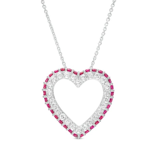 White Lab-Created Sapphire and Lab-Created Ruby Outer Edge Heart Outline Pendant in Sterling Silver