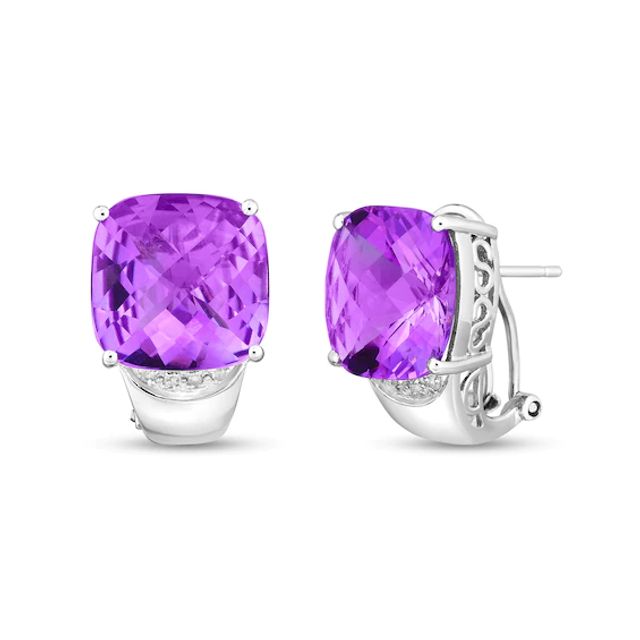 14.0mm Checkerboard Cushion-Cut Amethyst and 1/20 CT. T.w. Diamond Hoop Earrings in Sterling Silver