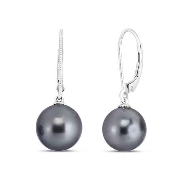 10.0mm Dyed Grey Cultured Tahitian Pearl Drop Earrings in 14K White Gold