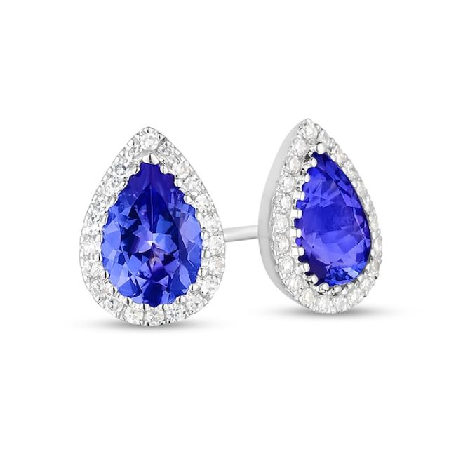 Pear-Shaped Tanzanite and 1/8 CT. T.w. Diamond Frame Stud Earrings in 14K White Gold