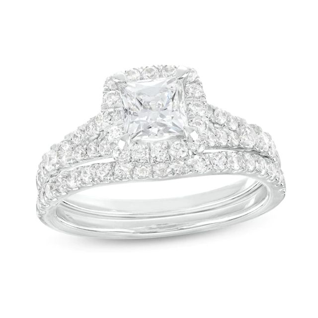 1-7/8 CT. T.w. Certified Princess-Cut Lab-Grown Diamond Cushion Frame Split Shank Bridal Set in 14K White Gold (I/Si2)